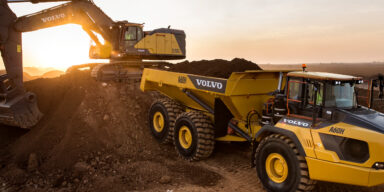 Volvo EC95OF excavator and A60H articulated hauler on active construction site