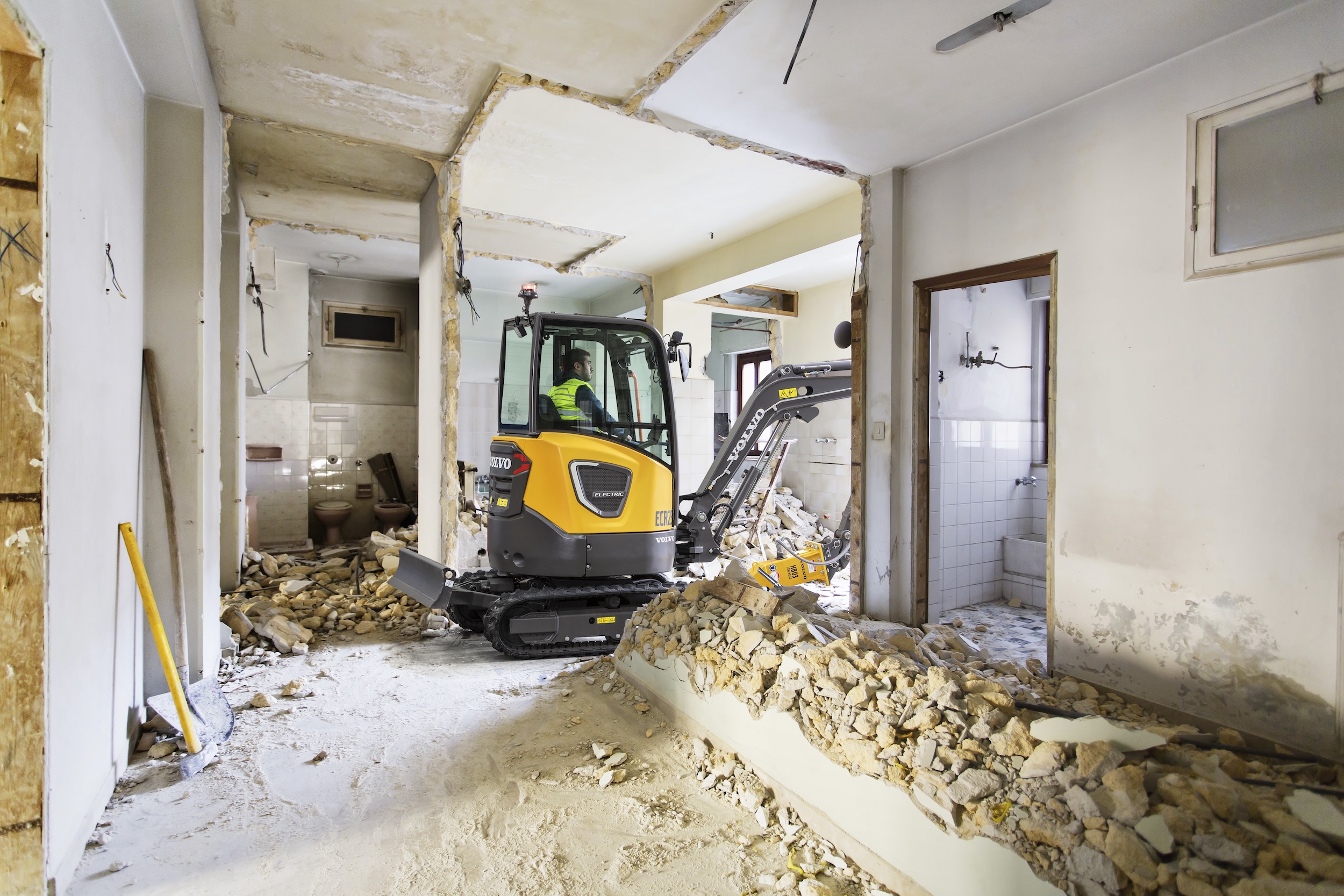 Demolition with a Volvo ECR25 Electric Excavator