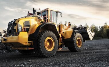 A Volvo wheel loader operates in a rehandling application.